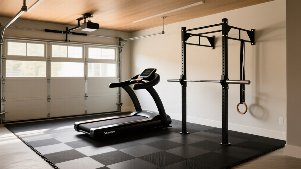 Wide shot of a two-car garage gym featuring a black curved treadmill for crossfit positioned near a pull-up rig with rubber mat flooring