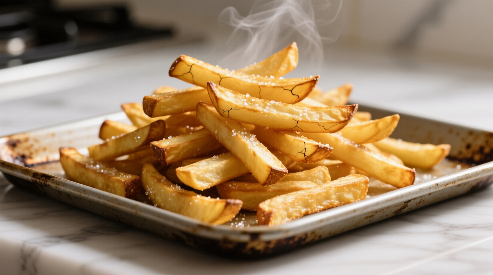 Perfectly golden crispy oven fries on baking sheet