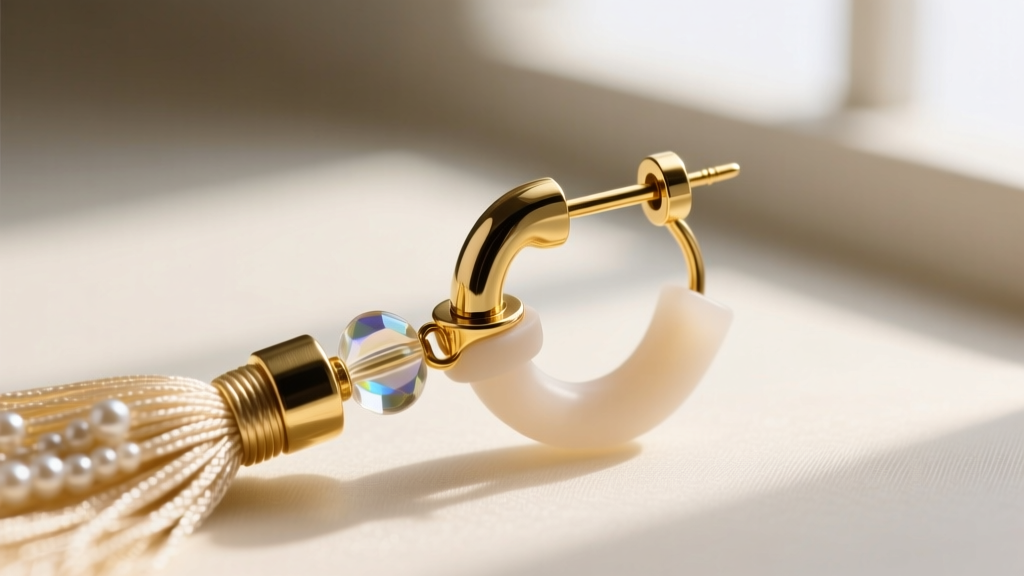 Macro shot of a 20-gauge gold post and silicone clutch securing a beaded tassle earring, showing the secure friction fit mechanism