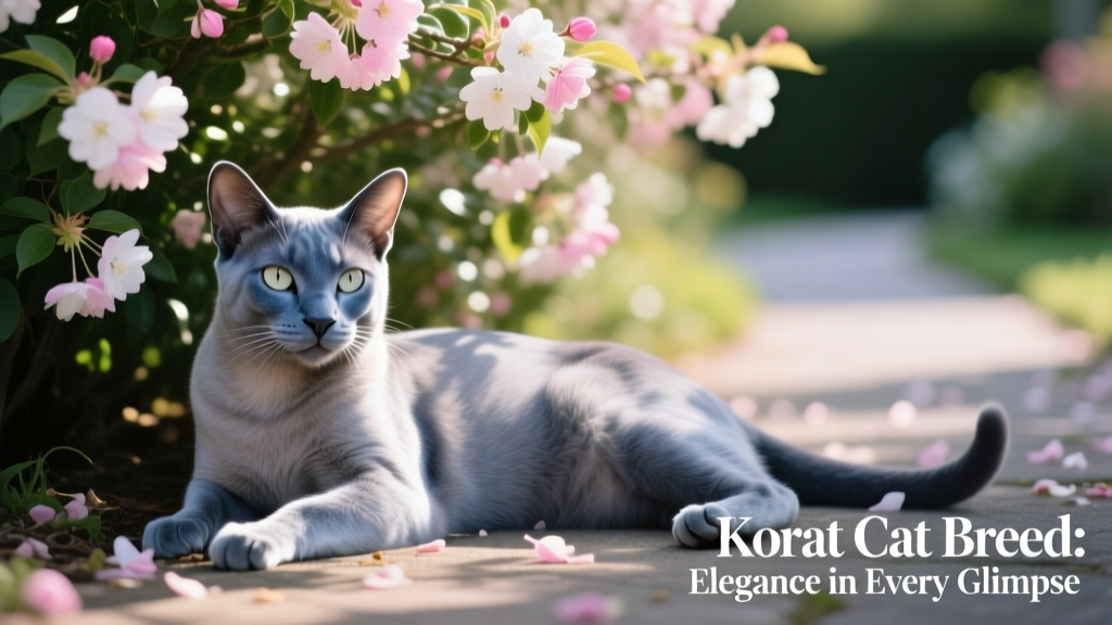korat lying outside under flowering bush