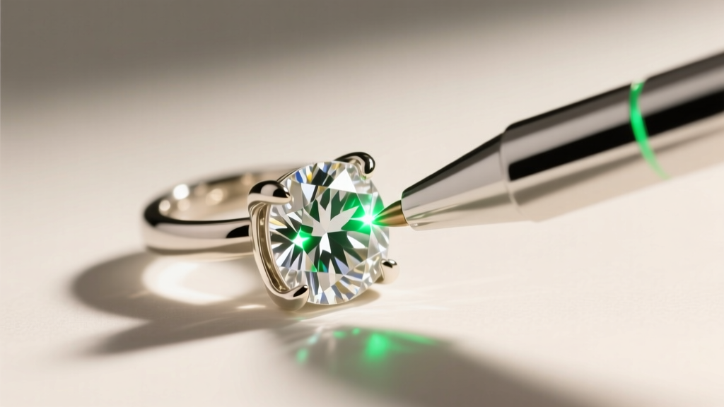 Diamond tester pen touching a princess-cut lab diamond in a white gold hip hop earring, showing a glowing green indicator light