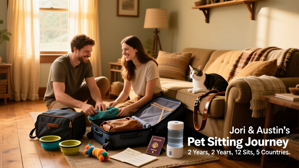 Jori and Austin packing travel bags and pet supplies in a cozy, sunlit living room—cat toys and a leash visible nearby