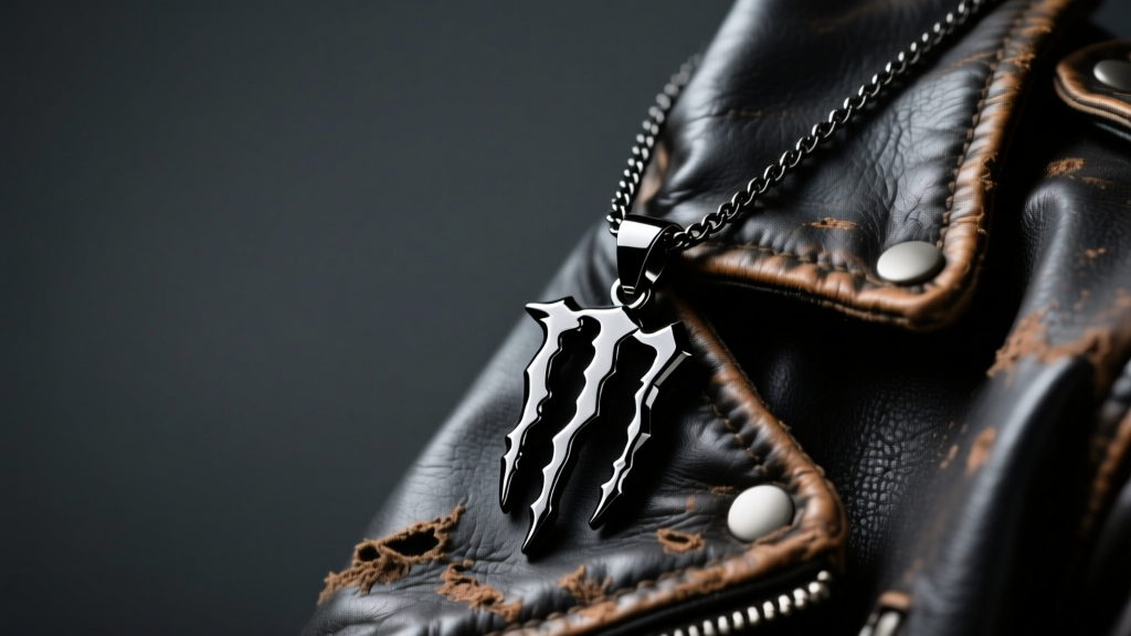 Matte black titanium Monster Energy claw pendant necklace resting on a distressed leather jacket in moody studio lighting