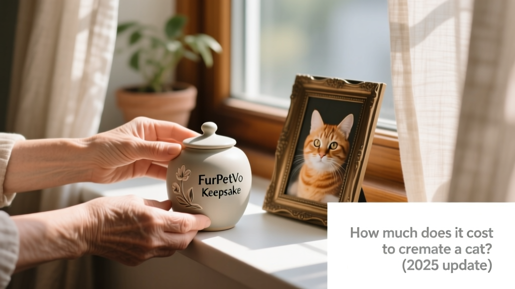 A close-up of hands gently placing a small, elegant ceramic urn labeled 'FurPetVo Keepsake' on a windowsill beside a framed photo of a ginger cat