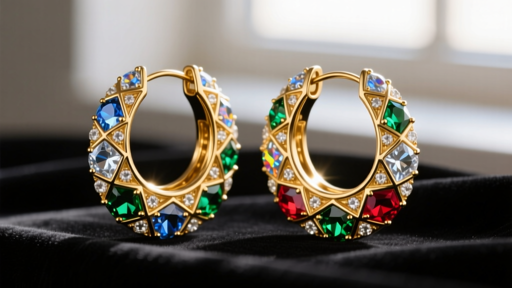 Close-up of large gold-plated brass hoop earrings encrusted with machine-cut glass rhinestones resting on dark velvet.