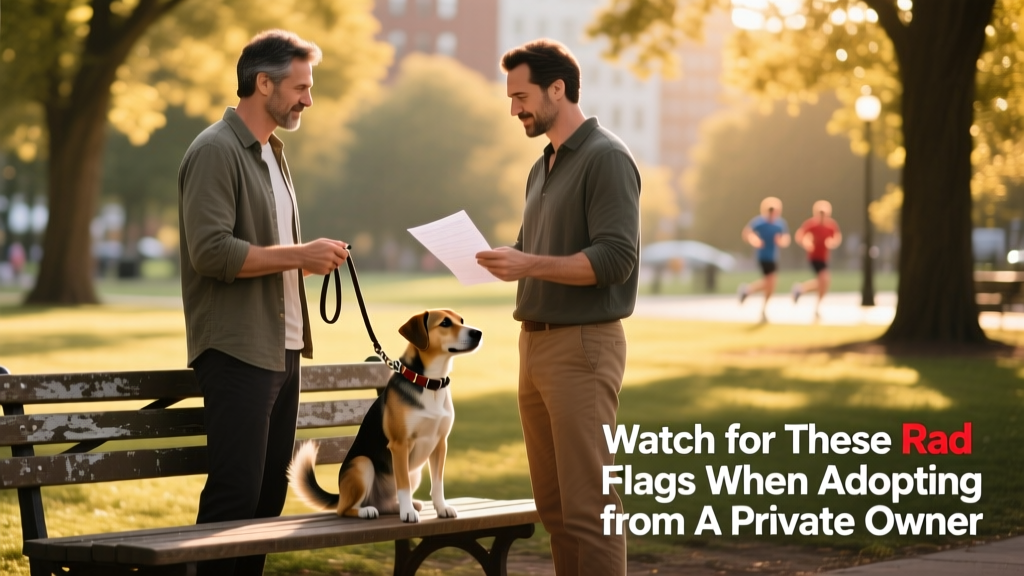 Two people exchanging a leash and paperwork at a sunny park bench, with a friendly dog sitting between them