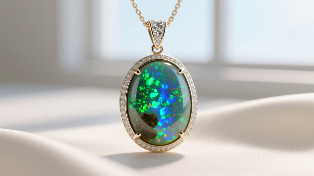 Close-up macro photography of an Australian boulder opal set in a bezel 18k white gold pendant, showing vibrant green and blue flash.