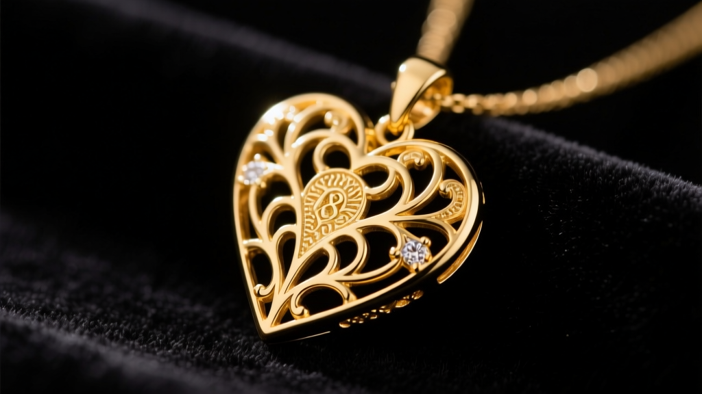 Close-up of an 18k yellow gold heart on necklace resting on dark velvet, illuminated by soft lighting to show intricate metalwork.