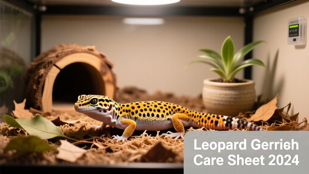 A healthy adult leopard gecko resting on a naturalistic substrate inside a well-furnished enclosure