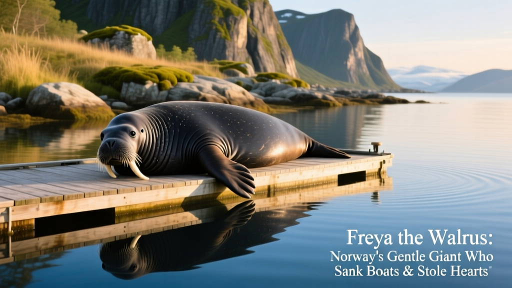 Freya the walrus resting on a small wooden dock, surrounded by calm blue water and rocky Norwegian shoreline