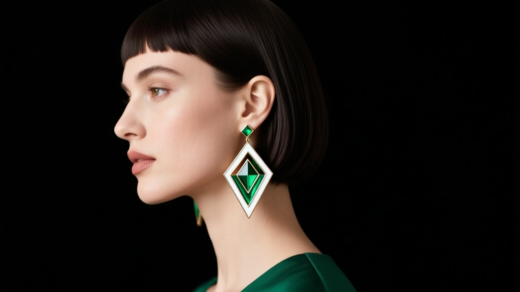 Modern woman with sleek bob haircut wearing geometric 1920s-inspired white gold and emerald dangle earrings against dark backdrop