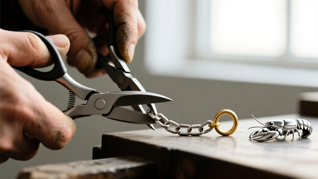 Close-up of jeweler hands using flush cutters to trim a 3mm steel box chain, with a brass jump ring and lobster clasp nearby
