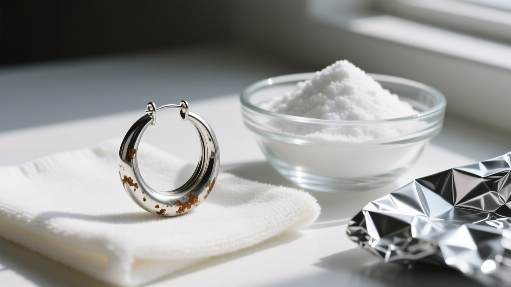 Tarnished 925 sterling silver hoop earring on a microfiber cloth next to a glass bowl of baking soda and crumpled aluminum foil