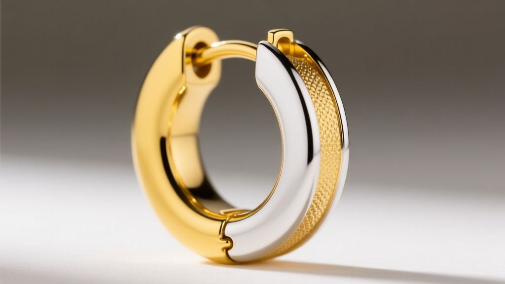 Macro shot of a two tone huggie earring in yellow and white gold, showing the seamless solder joint and hidden clicker hinge.
