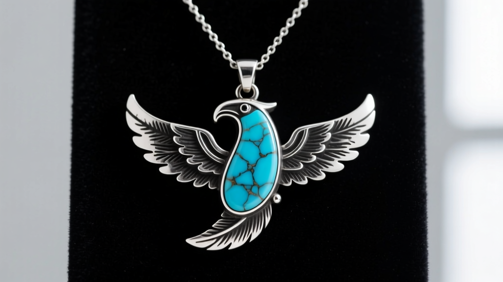 Handcrafted sterling silver thunderbird necklace pendant featuring natural turquoise inlay and oxidized detailing on dark velvet