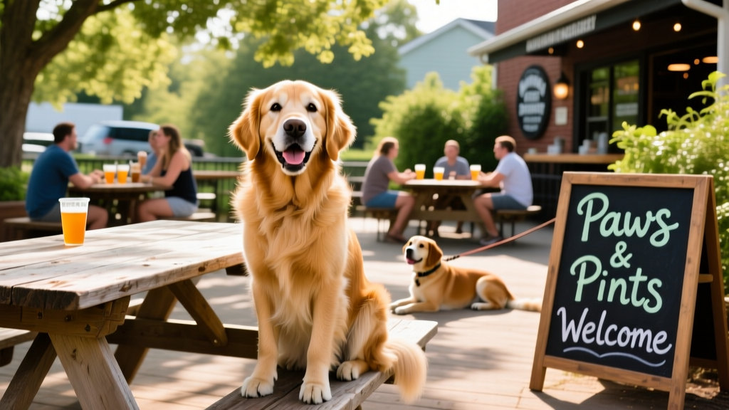 Golden retriever happily sitting beside a picnic table at a dog-friendly brewery patio in Richmond