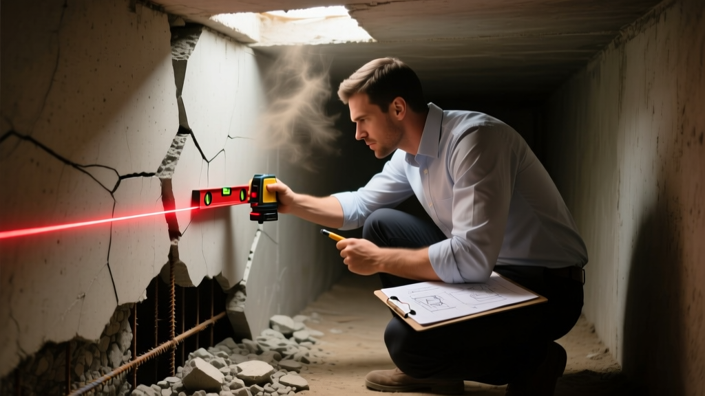 Structural engineer inspecting a cracked concrete slab foundation with a laser level and clipboard in a dimly lit residential crawl space.