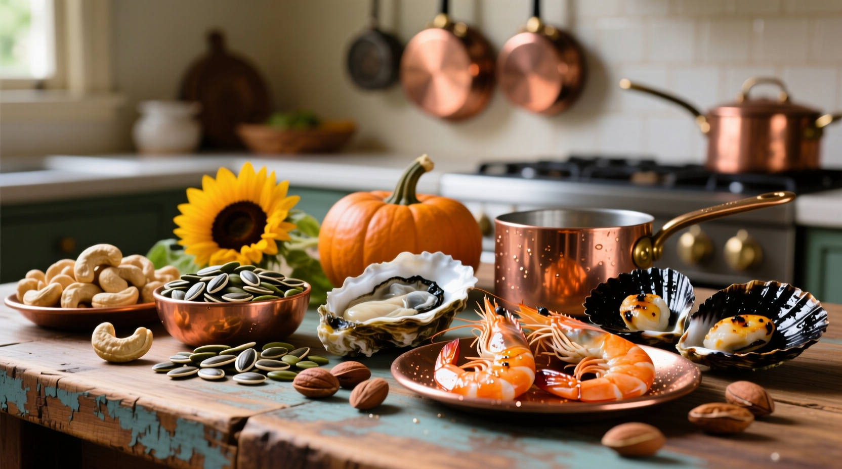 Colorful assortment of copper-rich foods including nuts, seeds, and seafood