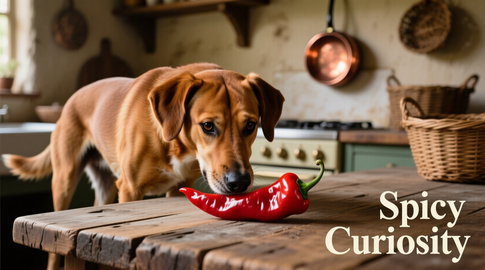 Dog cautiously sniffing a red chili pepper from a safe distance