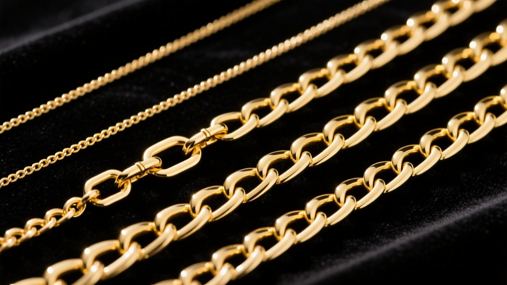 Flat lay of gold-filled and solid gold back chains on dark velvet, showing varying link thicknesses and secure spring ring clasps.
