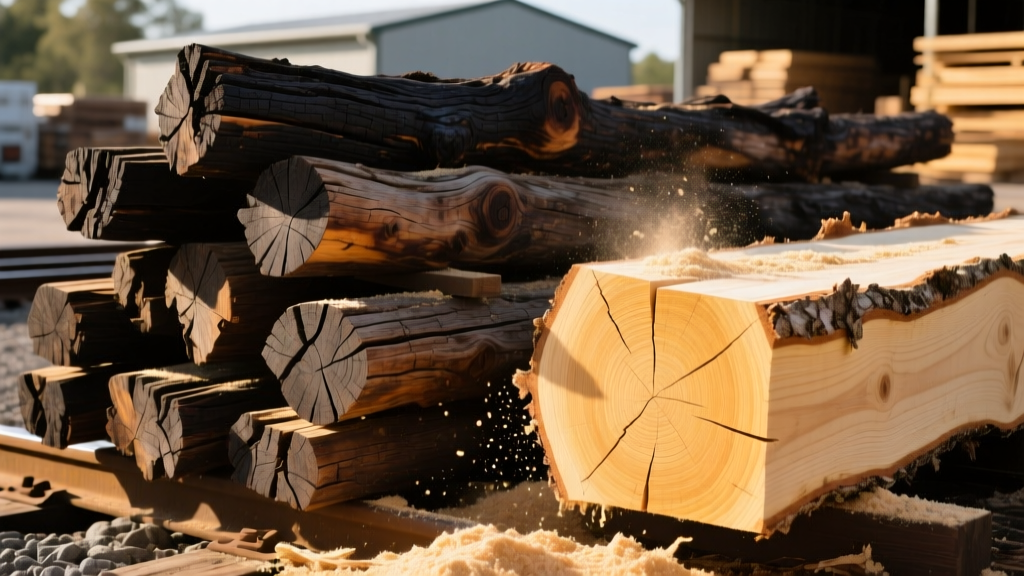 Weathered creosote-treated oak railroad ties stacked in a landscaping supply yard next to fresh Southern Yellow Pine timber