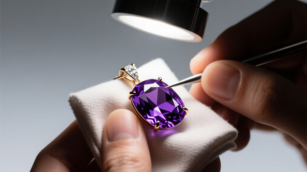 Jeweler using a microfiber cloth to gently polish a tanzanite pendant, avoiding prongs, under a bright magnification lamp light