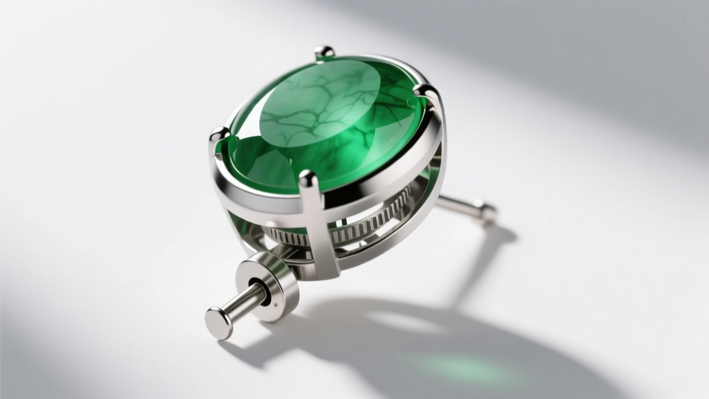 Technical cross-section diagram showing a secure full-bezel setting for a jade cabochon earring with an 18-gauge titanium post.