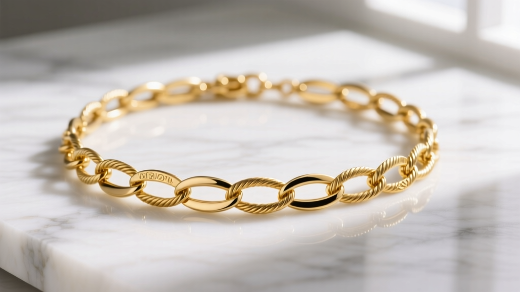 A 14k yellow gold cable charm chain necklace on white marble, soft window light highlighting the delicate interlocking oval links.