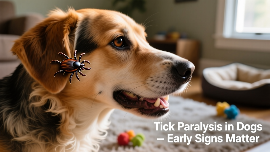 Close-up of a tick attached to a dog's ear or neck, showing its mouthparts embedded in the skin