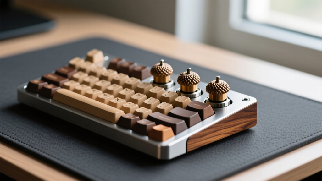 Close-up of a custom CNC aluminum macro pad featuring acorn-shaped rotary encoders, wood-grain side panels, and artisan keycaps on a dark desk mat.