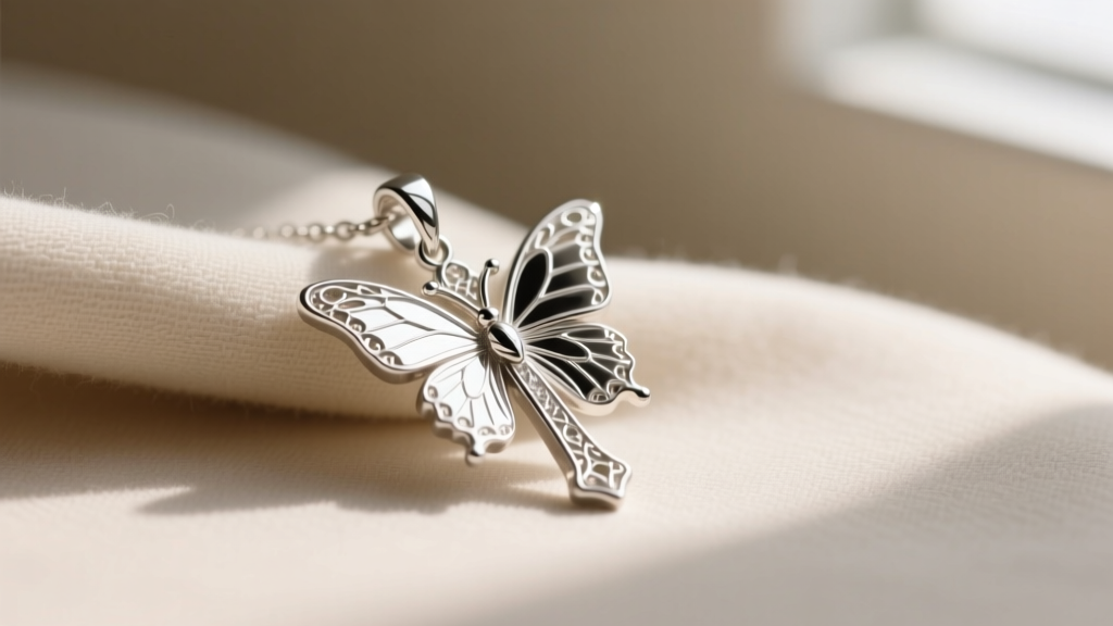 Sterling silver butterfly cross pendant polished with a microfiber cloth, revealing a bright, high-polish, tarnish-free finish.