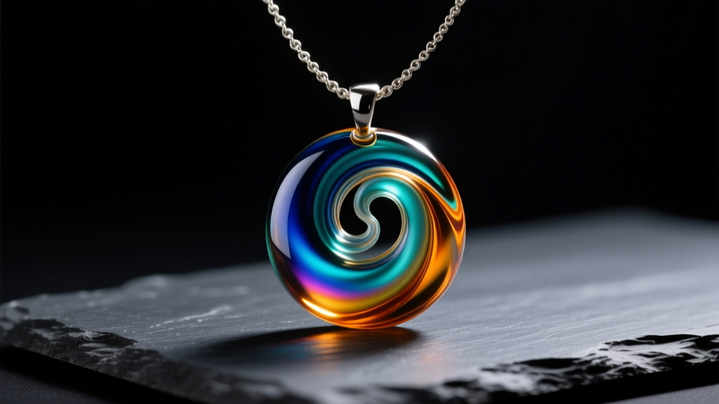 Macro shot of a vibrant borosilicate blown glass necklace pendant resting on dark slate under soft, directional studio lighting.