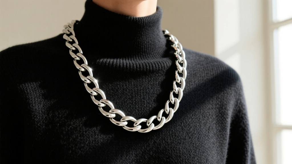 22 inch sterling silver Cuban link chain draped over a dark cashmere sweater, highlighting the polished interlocking link details