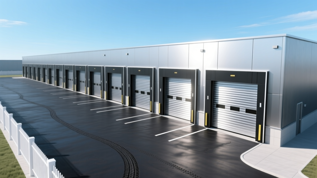 Aerial view of a new climate-controlled storage facility with metal roll-up doors and fresh asphalt under clear skies.