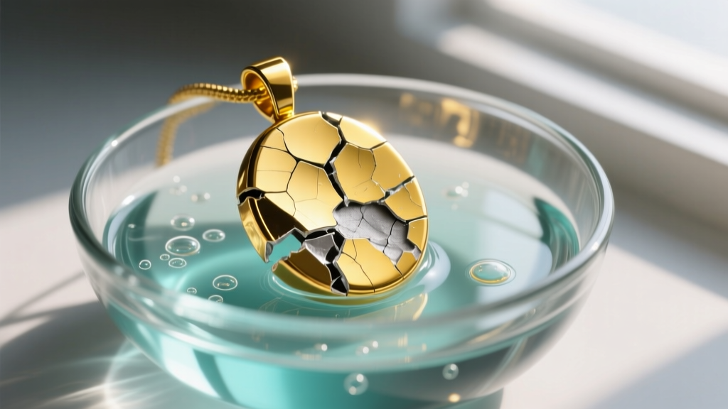 Damaged gold-plated zinc pendant with peeling finish in a glass bowl of chemical dip under dramatic side lighting.