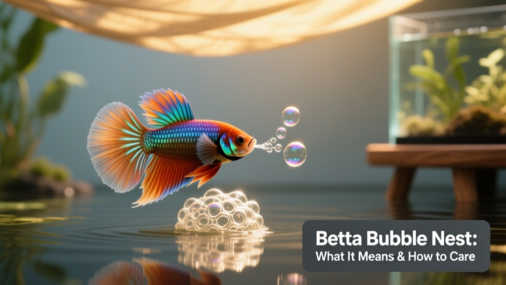 Side view of a betta fish gently blowing bubbles at the water surface to form a nest