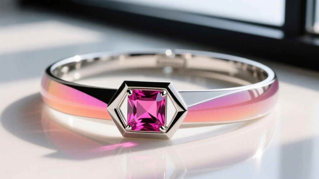 Close-up of a modern high-fashion thermochromic resin choker, featuring geometric silver bezels and a vibrant magenta center gem