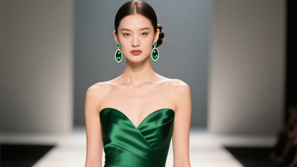 Pageant model in a green sweetheart gown, wearing medium green onyx drop earrings framing her jawline under warm stage lighting