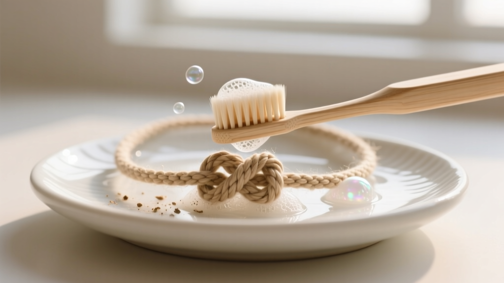 Soft toothbrush gently cleaning dirt from a beige hemp necklace slip knot resting on a white ceramic dish with mild soap suds