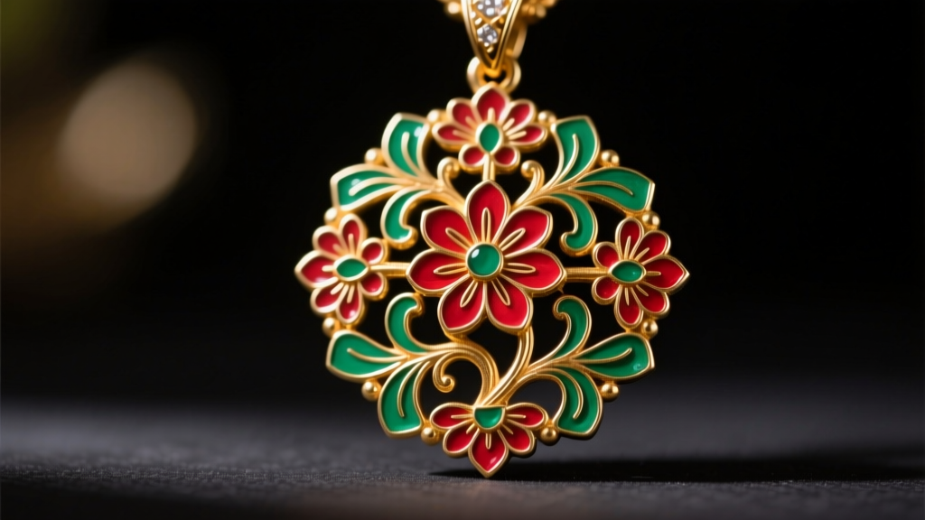 Close-up of Indian Meenakari enamel on a gold pendant back, showing floral patterns in vivid red and green against dark velvet