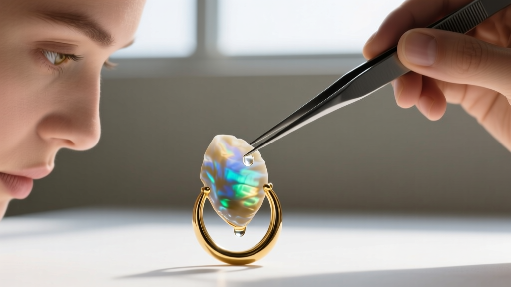Jeweler using tweezers to apply two-part epoxy to a detached mother of pearl shell segment on a gold hoop earring metal backing.