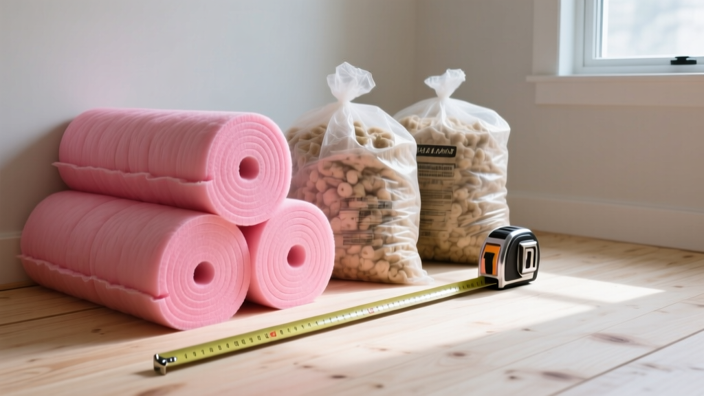 Stacked rolls of pink fiberglass batts and bags of blown-in cellulose insulation next to a measuring tape on a plywood subfloor