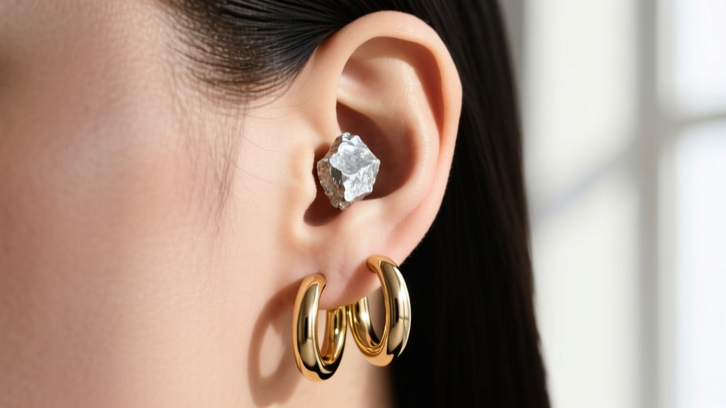 Side profile of an ear stack showing a raw silver nugget lobe earring paired with two sleek, polished 14k gold huggie hoop earrings