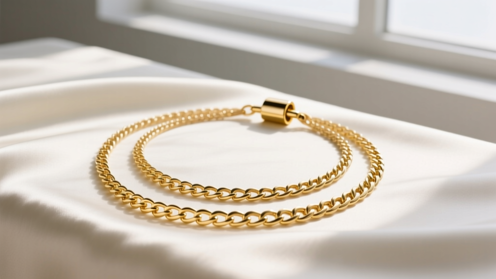 Three delicate gold chains connected to a polished 14k yellow gold magnetic necklace layering clasp on soft ivory silk