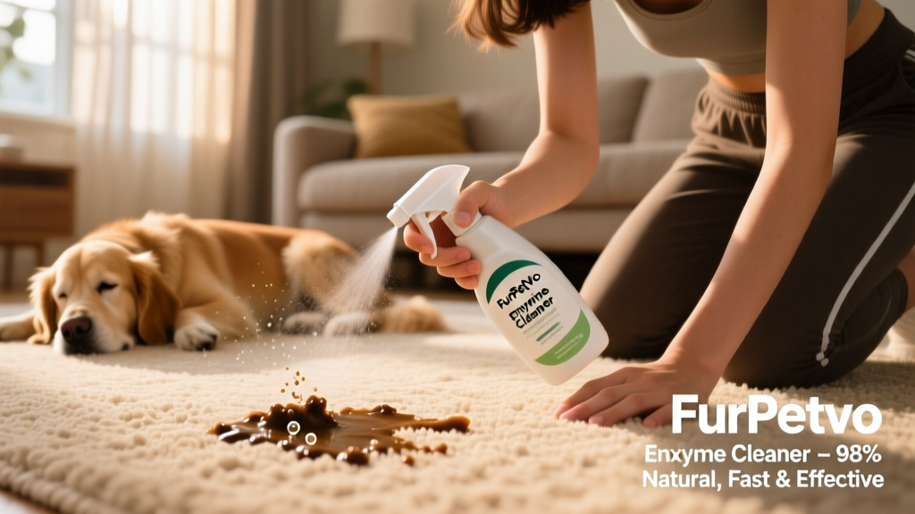Person applying FurPetVo enzyme cleaner to carpet stain using a spray bottle