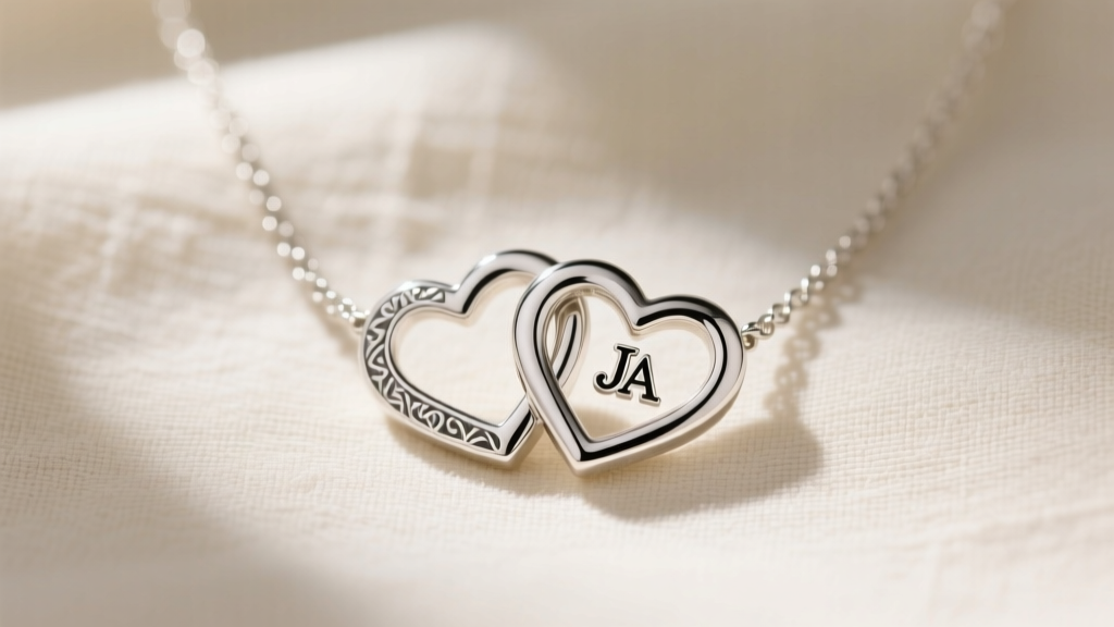 Sterling silver James Avery double heart necklace on cream linen, showing the interlocking design and engraved JA hallmark stamp