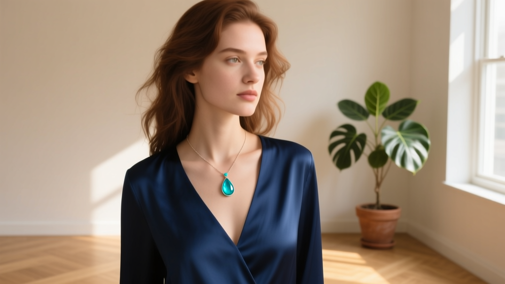 Young woman wearing a delicate aquamarine teardrop pendant necklace paired with a deep V-neck navy blue blouse in soft natural daylight