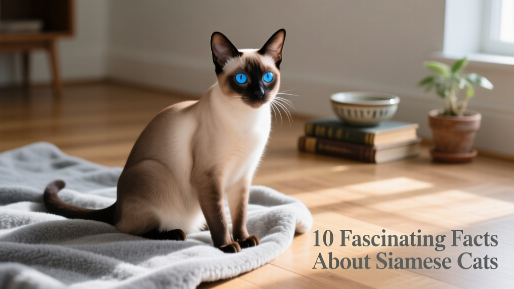 A Siamese cat with vivid blue eyes sitting elegantly on a soft gray blanket