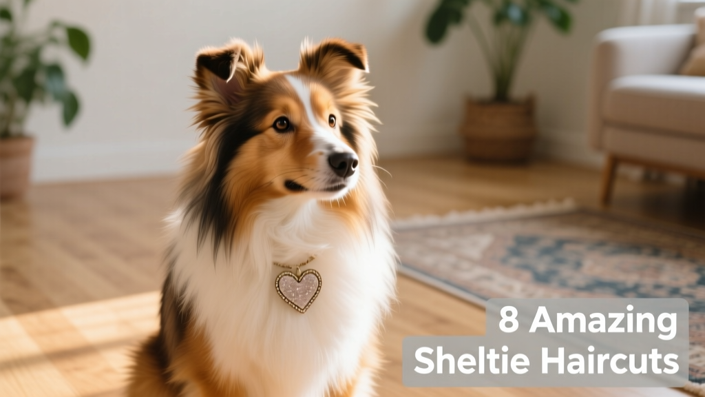 A Sheltie with festive grooming accents: neatly trimmed ear tips and a small heart-shaped patch on the chest
