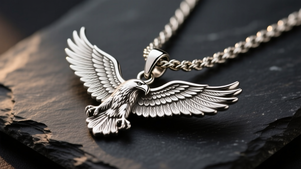 Sterling silver eagles necklace on dark slate showing intricate feather engraving and a sturdy rope chain under warm lighting